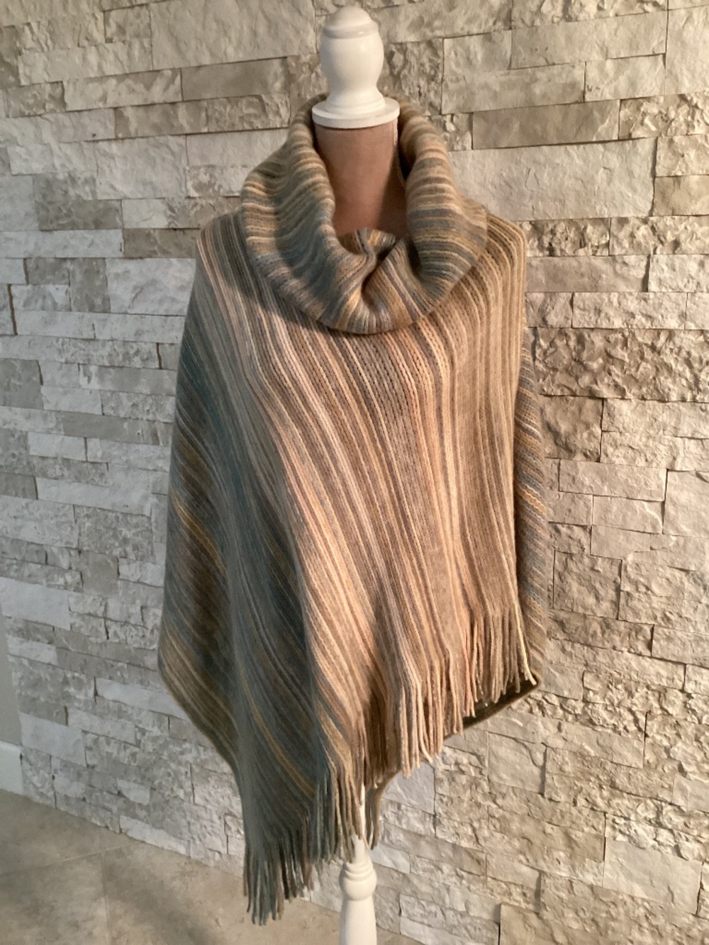 Do Everything in Love Vera Fringed Poncho Cowl Neck Striped Sweater One Size
